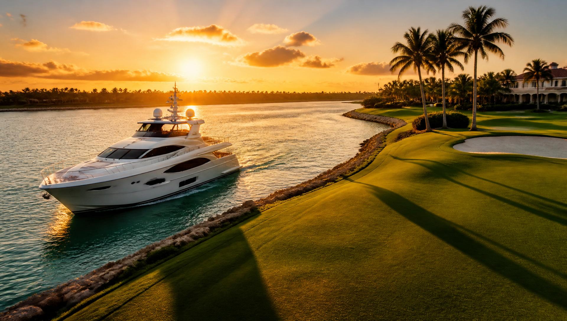 Golden hour yacht cruising past a Florida fairway
